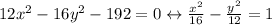 12x^2 - 16y^2 - 192 = 0 \leftrightarrow \frac{x^2}{16} - \frac{y^2}{12} = 1