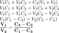 V_{1}C_{1} + V_{2}C_{2} = C_{3}(V_{1} + V_{2}) \\V_{1}C_{1} + V_{2}C_{2} = V_{1}C_{3} + V_{2}C_{3} \\V_{1}C_{1} - V_{1}C_{3} = V_{2}C_{3} - V_{2}C_{2} \\V_{1}(C_{1} - C_{3}) = V_{2}(C_{3} - C_{2})\\\bf{\dfrac{V_{1}}{V_{2}} = \dfrac{C_{3} - C_{2}}{C_{1} - C_{3}}}