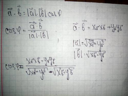 Формула cos угла между векторами a и b