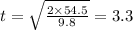 t = \sqrt{ \frac{2 \times 54.5}{9.8} } = 3.3