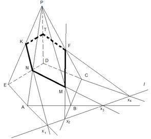 Постройте сечение пятиугольной пирамиды плоскостью проходящей через точку на боковом ребре и две вне