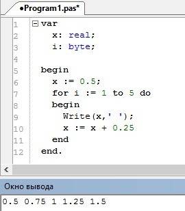 Создать программу на object pascal. с цикла for вывести значения от x0=0,5 до x=1,5 с шагом dx=0,25.