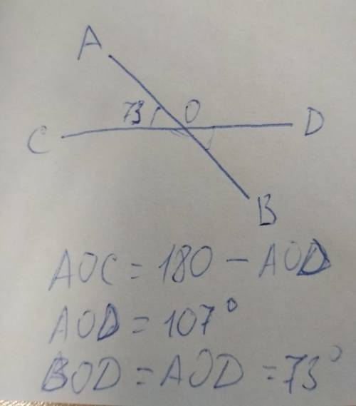 Прямая ab и cd пересекаются в точке o . угол foc = 73 градуса а) найти угол bod б) найти угол aod