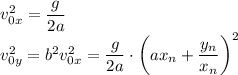 v_{0x}^2=\dfrac g{2a}\\v_{0y}^2=b^2v_{0x}^2=\dfrac g{2a}\cdot\left(ax_n+\dfrac{y_n}{x_n}\right)^2