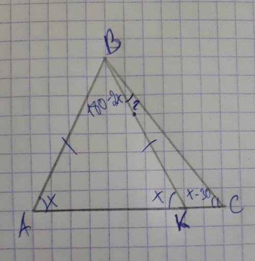 Утрикутника авс угол а більший від угла с на 30 градусів. точка к лежить на ас так, що ав=вк. знайти