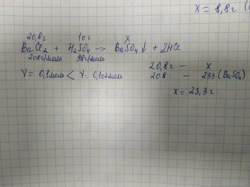 Сколько грамм соли образуется при взаимодействии 20,8 г хлорида бария и 10 г серной кислоты ? ! !