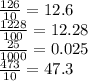 \frac{126}{10} = 12.6 \\ \frac{1228}{100} = 12.28 \\ \frac{25}{1000} = 0.025 \\ \frac{473}{10} = 47.3