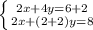 \left\{{{2x+4y=6+2}\atop {2x+(2+2)y=8}} \right.