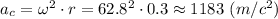 a_c = \omega ^2 \cdot r = 62.8^2 \cdot 0.3 \approx 1183~ (m/c^2)