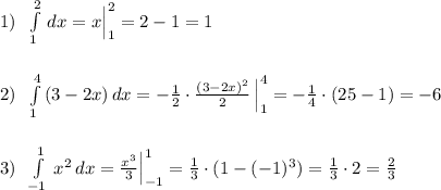 1)\; \; \int \limits _1^2\, dx=x\Big |_1^2=2-1=1\\\\\\2)\; \; \int\limits_1^4\, (3-2x)\, dx=-\frac{1}{2}\cdot \frac{(3-2x)^2}{2}\, \Big |_1^4=-\frac{1}{4}\cdot (25-1)=-6\\\\\\3)\; \; \int\limits^1_{-1}\, x^2\, dx=\frac{x^3}{3}\Big |_{-1}^1=\frac{1}{3}\cdot ( 1-(-1)^3)=\frac{1}{3}\cdot 2=\frac{2}{3}