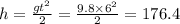 h = \frac{g {t}^{2} }{2} = \frac{9.8 \times {6}^{2} }{2} = 176.4