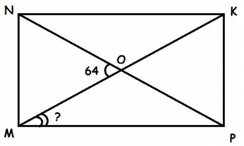 Диагонали прямоугольника mnkp в точке o, угол mon=64° найти угол omp