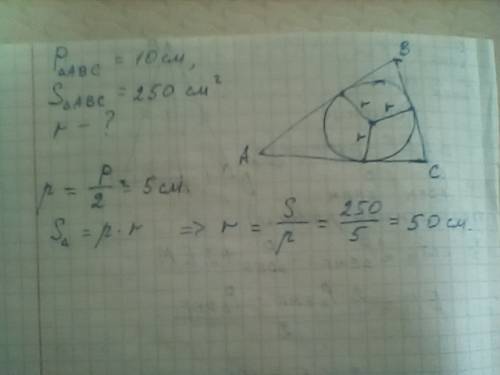 Периметр треугольника равен 10см . найдите радиус вписанной в него окружности ,если площадь данного