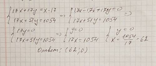 Решите систему уравнений 17x+17y=x*17 } } - 17x+51y=1054 }