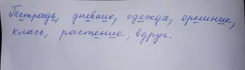 Тетрадь, дневник, одежда, орешник, класс, растение, вдруг. подчеркни в словах буквы, которые обознач