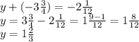 y + ( - 3 \frac{3}{4} ) = - 2 \frac{1}{12} \\ y = 3 \frac{3}{4} - 2 \frac{1}{12} = 1 \frac{9 - 1}{12} = 1 \frac{8}{12} \\ y = 1 \frac{2}{3}