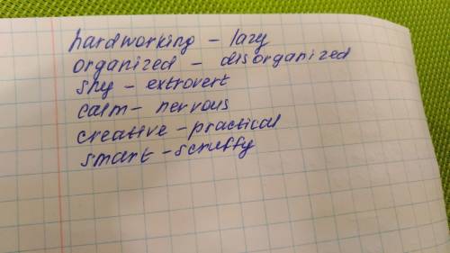 Find six pairs of opposite adjectives. пример friendly ≠ unfriendly shy friendly flexible hardworkin