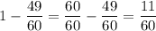 \displaystyle 1 - \frac{49}{60}= \frac{60}{60}- \frac{49}{60}= \frac{11}{60}