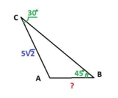 20 ! в треугольнике abc известно, что ac = 5\/2 см, уголb = 45°, уголc = 30°. найдите сторону ab тр