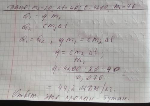 При полном сгорании 76 г топлива 20 кг воды нагрелись на 40°c. какое это топливо?