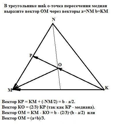 Втреугольнике mnk o-точка пересечения медиан выразите вектор om через векторы a=nm b=km
