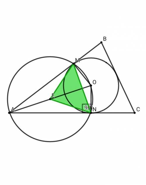 Втреугольник abc вписана окружность с центром o. точки m и n - точки касания вписанной окружности со
