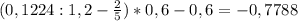 (0,1224 : 1,2 - \frac{2}{5}) * 0,6 - 0,6 = -0,7788