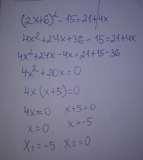 Решите уравнение (2x+6)^2 — 15 = 21 + 4x.