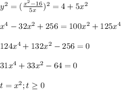 y^2=(\frac{x^2-16}{5x})^2=4+5x^2\\ \\ x^4-32x^2+256=100x^2+125x^4\\ \\ 124x^4+132x^2-256=0\\ \\ 31x^4+33x^2-64=0\\ \\ t=x^2;t\geq 0\\ \\