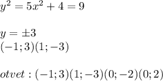 y^2=5x^2+4=9\\ \\ y=\pm3\\(-1;3)(1;-3)\\ \\ otvet:(-1;3)(1;-3)(0;-2)(0;2)