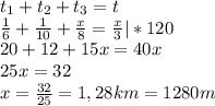 t_{1}+t_{2}+t_{3}=t\\\frac{1}{6}+\frac{1}{10}+\frac{x}{8}=\frac{x}{3}|*120\\20+12+15x=40x\\25x=32\\x=\frac{32}{25}=1,28 km=1280 m