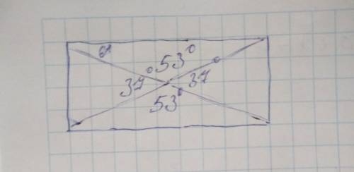 Знайдіть гострий кут між діагоналі прямокутника,якщо його діагональ утворює зі стороною кут 53 граду
