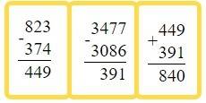 Сумма разности чисел 823 и 374 и разности чисел 3477 и 3086