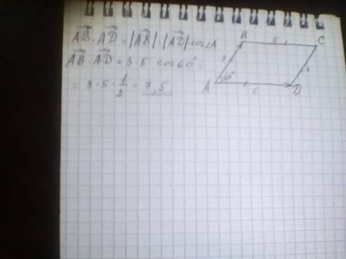Дан параллелограмм abc, со сторонами 3 и 5 и углом a=60. найдите скалярное произведение векторов ab