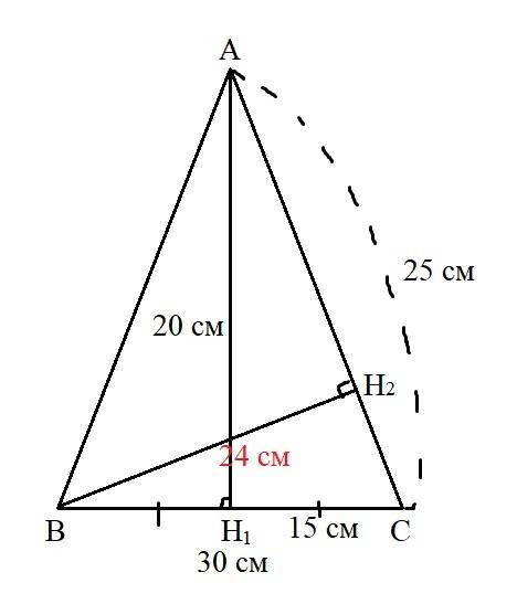 Основание равнобедренного треугольника равно 30 см, а высота 20 см. вычислите длину высоты, проведен