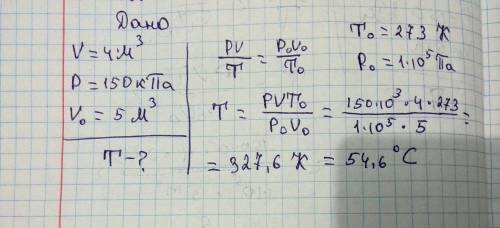 При какой температуре 4 м3 газа создаёт давление 150 кпа, если при нормальных условиях газ той же ма