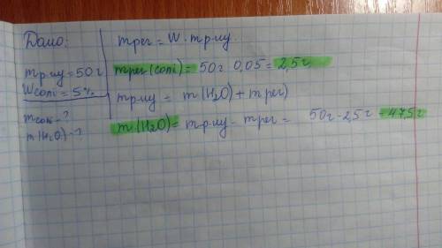 Обчисліть масу солі та води, необхідні для приготування розчину масою 50 г із масовою часткою солі 5