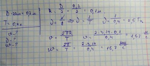 Вал имеет деаметр 20 см, при вращении делает 1 оборот за 0,4с, определите линейн. скорость точек на