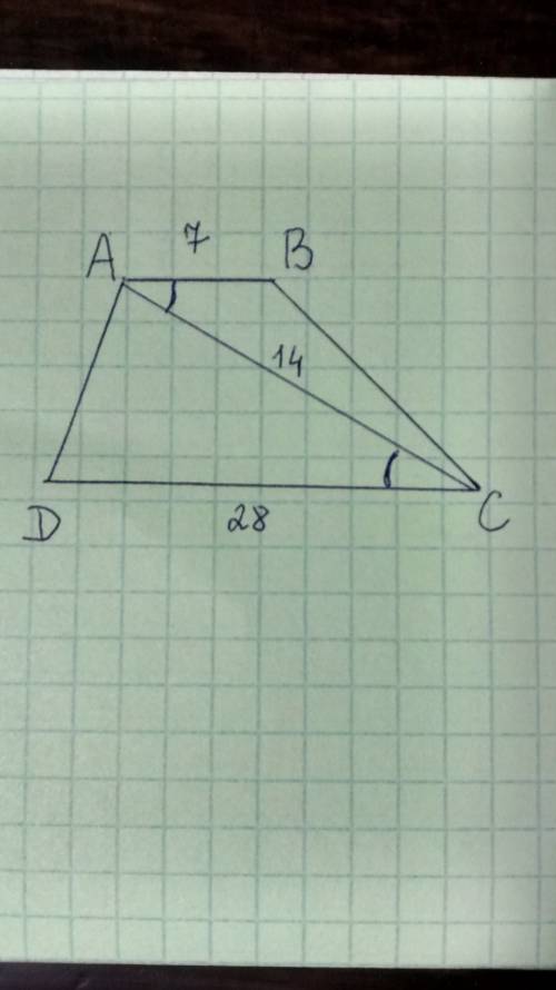 Основания ab и cd трапеции abcd равны соответственно 7 и 28, ac=14. докажите,что треугольники abc и