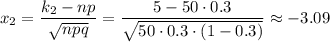 x_2=\dfrac{k_2-np}{\sqrt{npq}}=\dfrac{5-50\cdot0.3}{\sqrt{50\cdot0.3\cdot(1-0.3)}}\approx-3.09