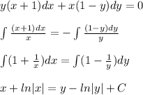y(x+1)dx+x(1-y)dy=0\\\\\int \frac{(x+1)dx}{x}=-\int \frac{(1-y)dy}{y}\\\\\int (1+\frac{1}{x})dx=\int (1-\frac{1}{y})dy\\\\x+ln|x|=y-ln|y|+C
