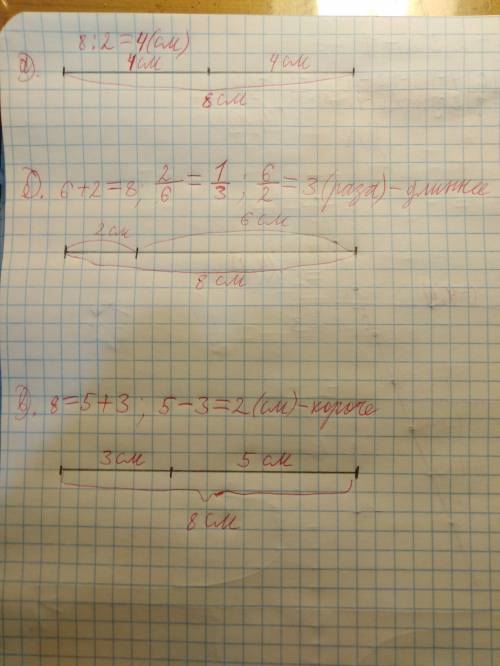 Длина отрезка ab = 8см поделите его на два отрезка так чтобы а) получилось два равных отрезка б) оди