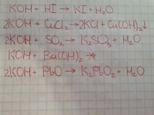 Скакими из указанных ниже веществ может взаимодействовать раствор koh: hi; cucl2; so2; ba(oh)2; pbo?