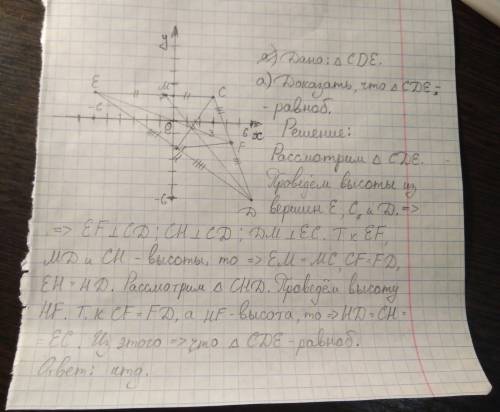 Треугольник сdе задан координатами своих вершин: с( 3; 2), д(-6; 6) и е(-6; -2): а) докажите, что тр