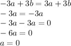 - 3a + 3b = 3a + 3b \\ - 3a = - 3a \\ - 3a - 3a = 0 \\ - 6a = 0 \\ a = 0