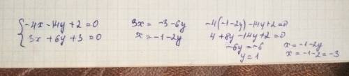 Найдите координаты точки пересечения прямых: -4х-14у+2=0 и 3х+6у+3=0.