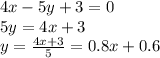 4x - 5y + 3 = 0 \\ 5y = 4x + 3 \\ y = \frac{4x + 3}{5} = 0.8x + 0.6