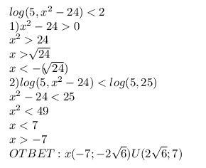 Решите неравенство: ㏒5(x^2-24)< 2