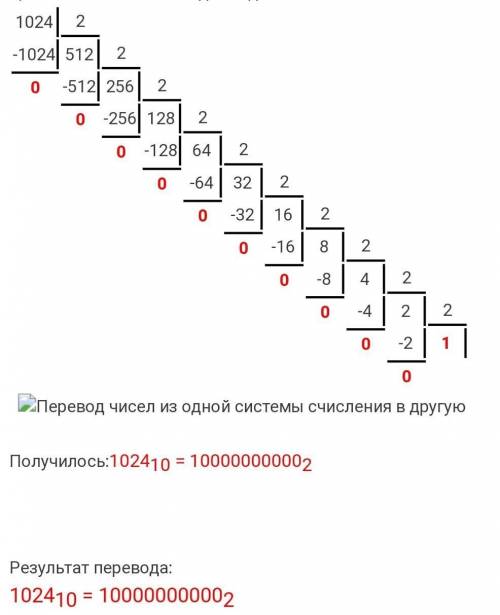 Перевести число 1024 в двоичную систему. деления на 2