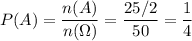 P(A)=\dfrac{n(A)}{n(\Omega)}=\dfrac{25/2}{50}=\dfrac{1}{4}